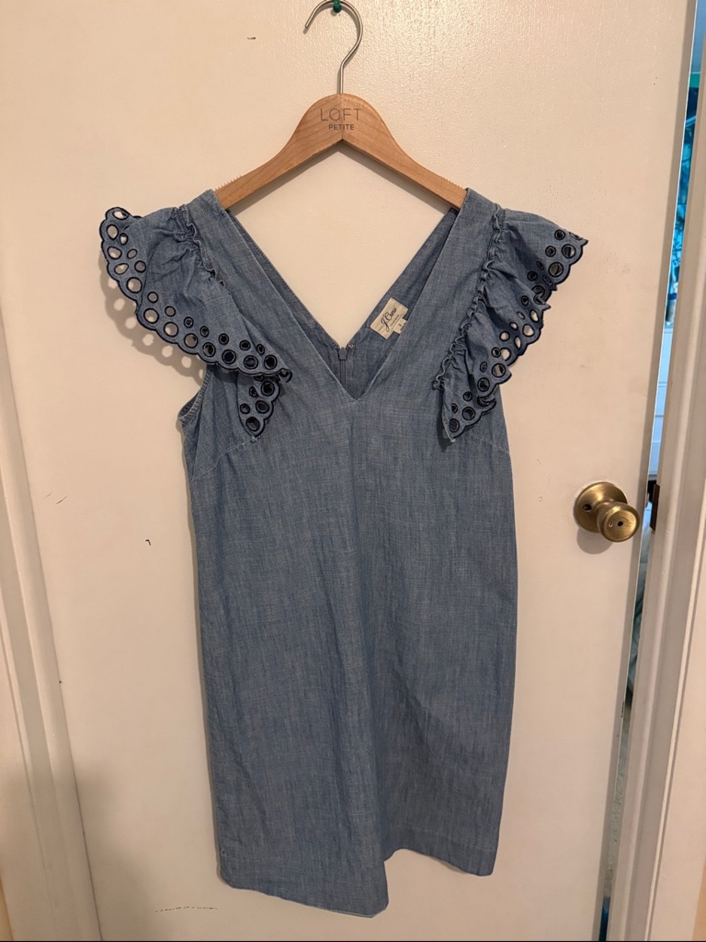 JCREW Light Blue Chambray V-Neck Dress with Eyelet Flutter Sleeves